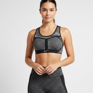 NIKE FLYKNIT Women's Striped Black and Gray Sports Bra Medium